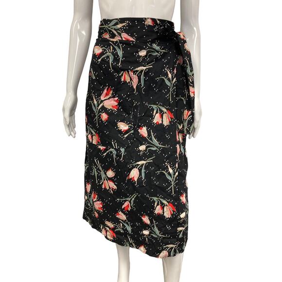REBECCA TAYLOR Black Multi Cotton Floral Tulip Printed Ikat Wrap Midi Skirt 10 - Picture 1 of 4
